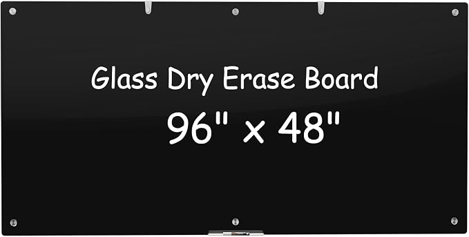 Wingwise Large Black Glass Dry Erase Board, 96 x 48 in Magnetic Blackboard | Frameless design, 8' x 4' dry erase whiteboard, ample writing space, great for corporate offices, classrooms, home