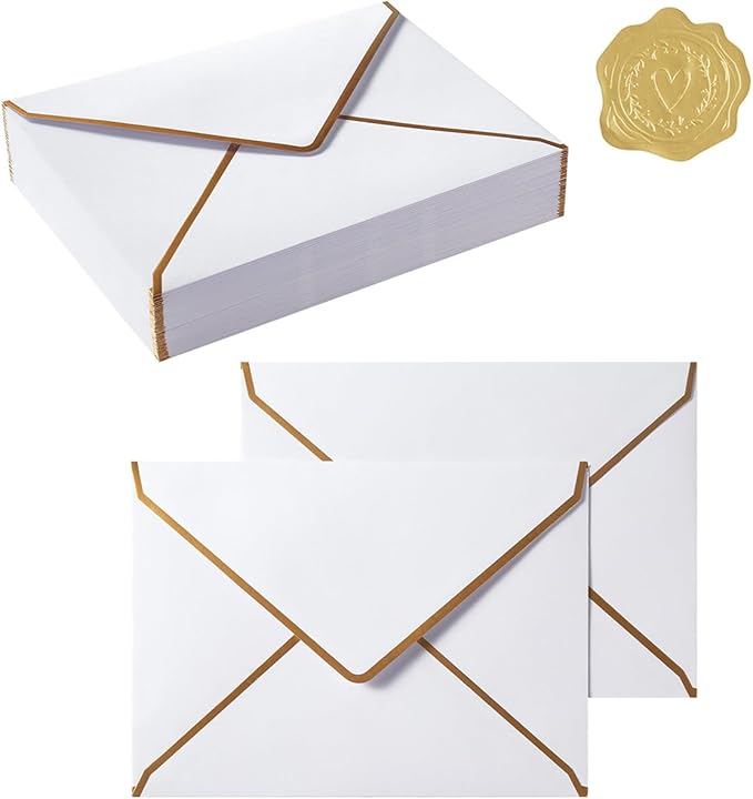 50 Pieces White A4 Envelopes with Gold Border, 4.25x6.25 Inches Envelopes with Gold Stickers for Greeting Cards and Invitation (A4-4x6)