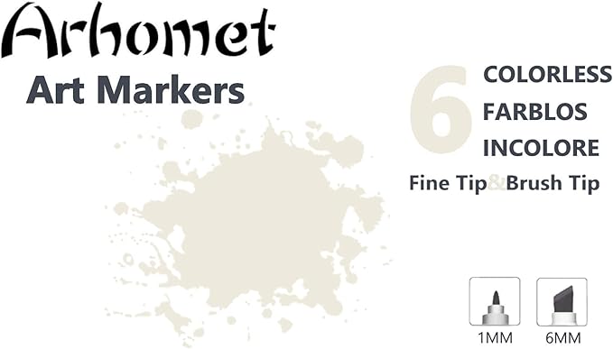 Arhomet 6pcs Colorless Alcohol Markers Set, Blender Blending Clear Markers Dual Tips Art Drawing Sketched Double Tipped for Adults Artists (Colorless)