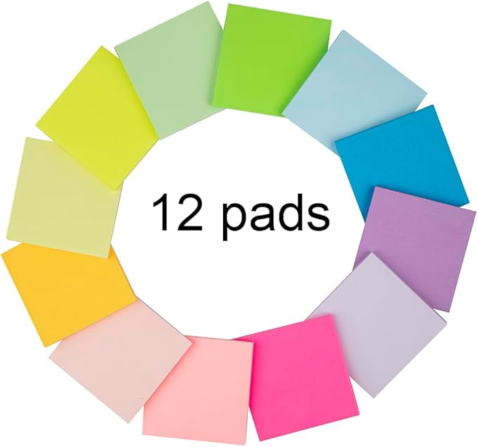 (12 Pads) Sticky Notes 3x3 Inches,Bright Colors Self-Stick Pads, Easy to Post for Home, Office, Notebook