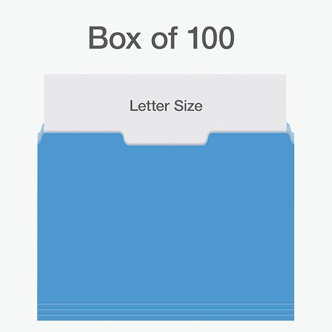 Pendaflex File Folders, 100 Pack, Letter Size (8.5" x 11"), 3 Tabs, Durable Paper, 5 Colors: Blue, Green, Red, Yellow, Orange, Coding for School, Office & Home Document Organization