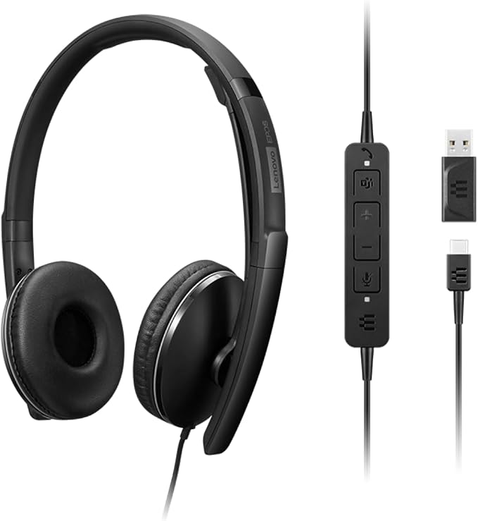 Lenovo Wired ANC Headset Gen 2 (Teams) with Active Noise Cancellation, EPOS BrainAdapt & ActiveGard Tech, Lightweight, USB-C, Plug-and-Play, Zoom Certified, Customizable, Hearing Protection | Includes USB-A converter, travel pouch and 2 year warranty f...