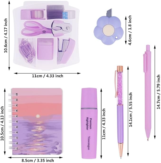 Mini Office Supply Kit Includes Stapler Tape Dispenser Staple Remover Paper Clips Scissor Notebook Highlighter Ballpoint Pen Small Telescopic Knife for Office and School Student (Purple Set)
