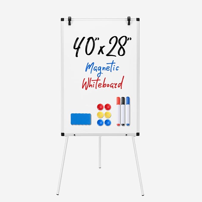 DUMOS 40"x28" Magnetic White Board Easel with Stand, Silver Aluminium Frame, White