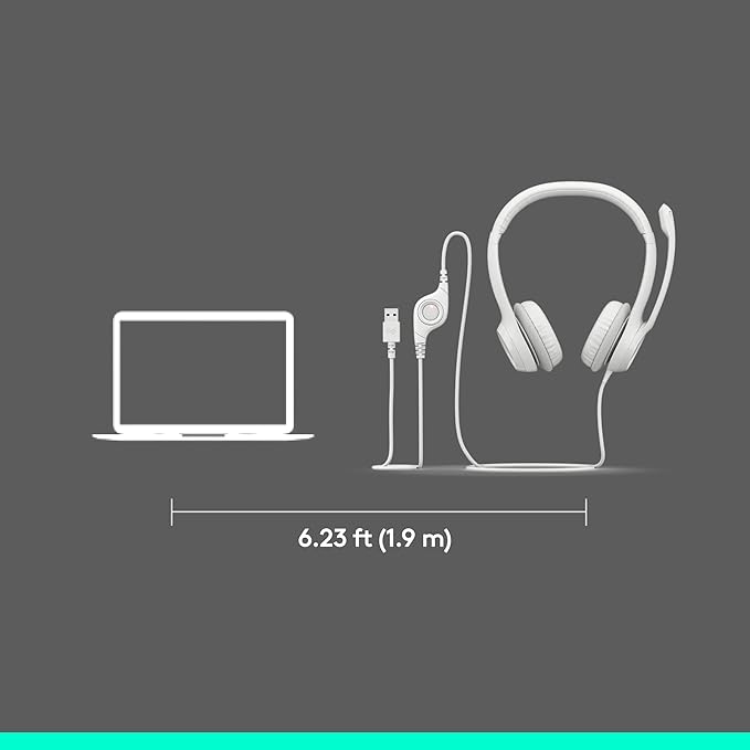 Logitech H390 Wired Headset for PC/Laptop, Stereo Headphones with Noise Cancelling Microphone, USB-A, In-Line Controls, Works with Chromebook - Off White