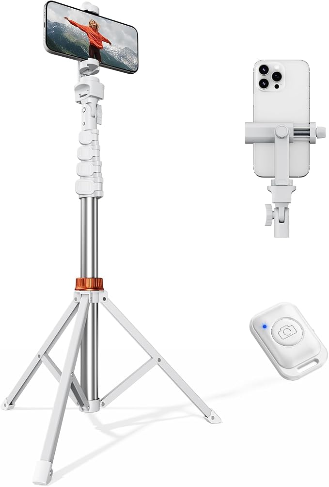 VIMOSE 66" Phone Tripod, Tripod for iPhone with Remote & Phone Stand | Extendable Cell Phone Tripod for Video Recording, Ultimate Tripod & Monopod Accessories for iPhone/Android, Monza White