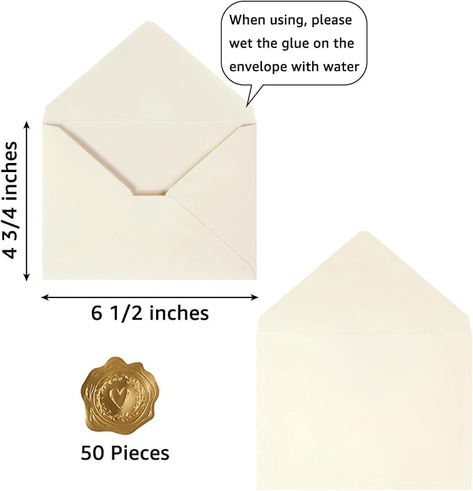 50 Pack A6 Envelopes with Stickers Cream Color, 6 1/2 x 4 3/4 Inches | 4x6 Envelopes For 4 x 6 Greeting Cards, Birthday Party, Photos, Baby Shower and Wedding Invitations