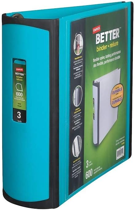 Staples Heavy-Duty 3-Inch D-Ring Binder, Teal – Large Capacity 3-Ring Binder with Pockets, Holds Up to 600 Sheets