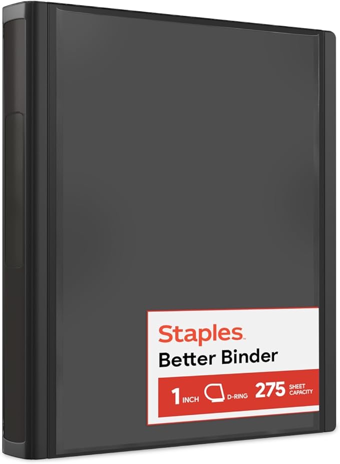 Staples Better 1-Inch D-Ring Binder, Black – Heavy-Duty 3-Ring Binder for School & Office Organization
