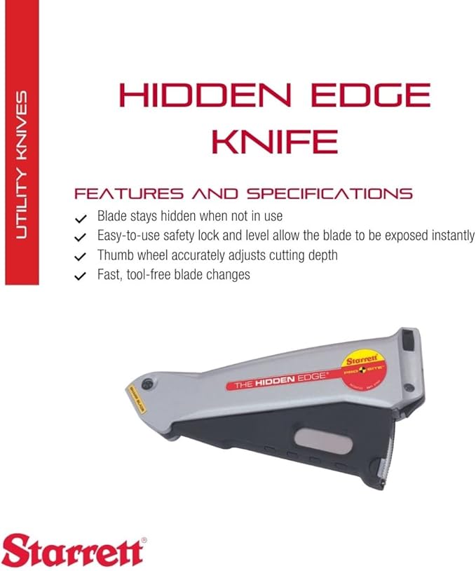 Starrett Hidden Edge Utility Knife with Easy to Use Safety Lock and Level for Fast, Tool-Free Blade Changes - Retractable Lever Action, Aluminum Case Material - S011