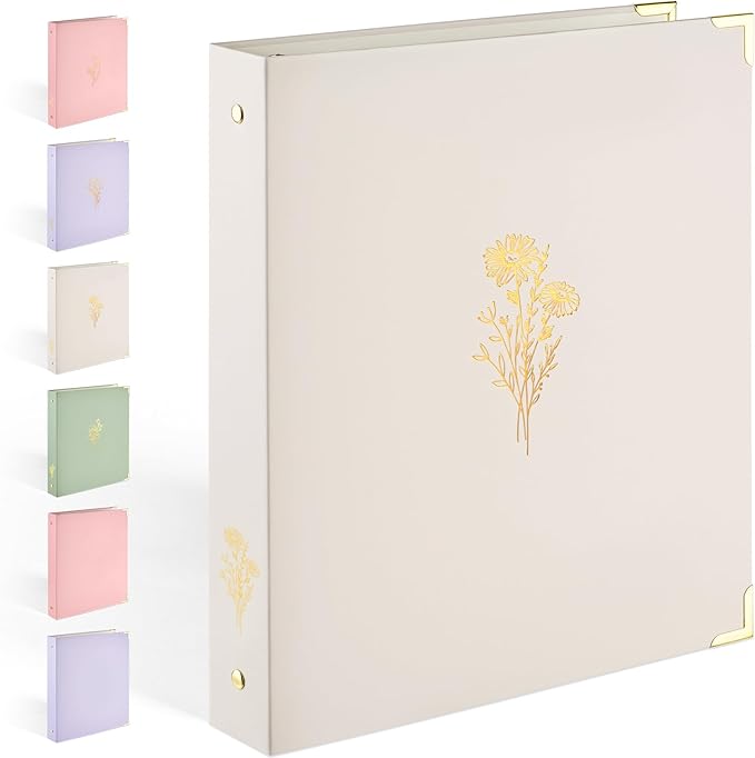 Aesthetic 3 Ring Binder, Sooez Cute 1 Inch Binders with Gold Foil & Metal Corners, Three Ring Recipe Binder with Pocket, Fits Letter Sized Paper for Women School Home Office Supplies, Letter Size