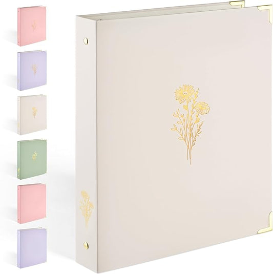 Aesthetic 3 Ring Binder, Sooez Cute 1 Inch Binders with Gold Foil & Metal Corners, Three Ring Recipe Binder with Pocket, Fits Letter Sized Paper for Women School Home Office Supplies, Letter Size
