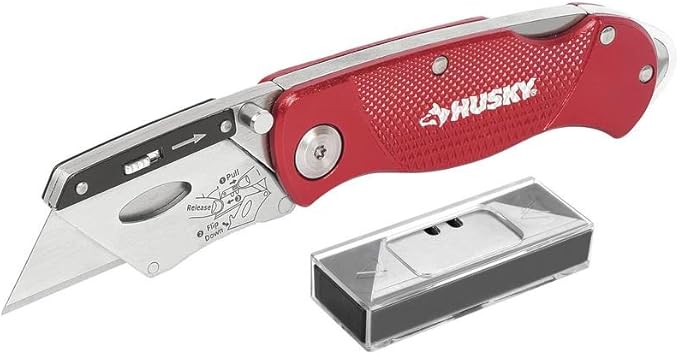 Husky Folding Lock-Back Utility Knife, Red with 10-Blades