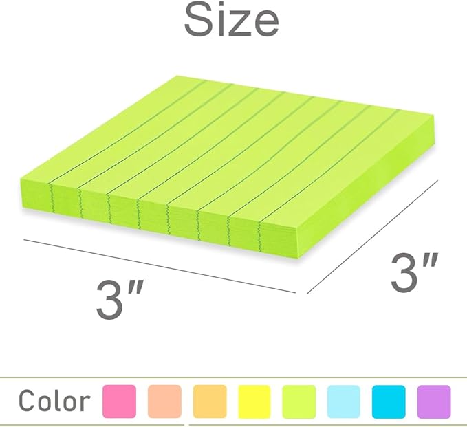 Lined Sticky Notes 3x3 in Bright Ruled Stickies Colorful Super Sticking Power Memo Pads, 82 Sheets/pad, 8 Pads/Pack
