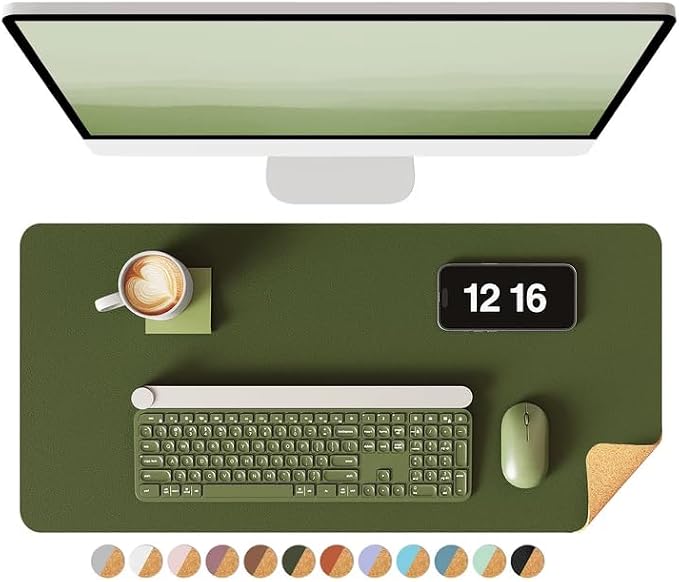 YSAGi Double-Sided Desk Mat, Eco Cork Desk Protector, Large Mouse Pad, Waterproof Blotter, Writing Pad for Office/Home (23.6"x13.7", Olive Green + Cork)