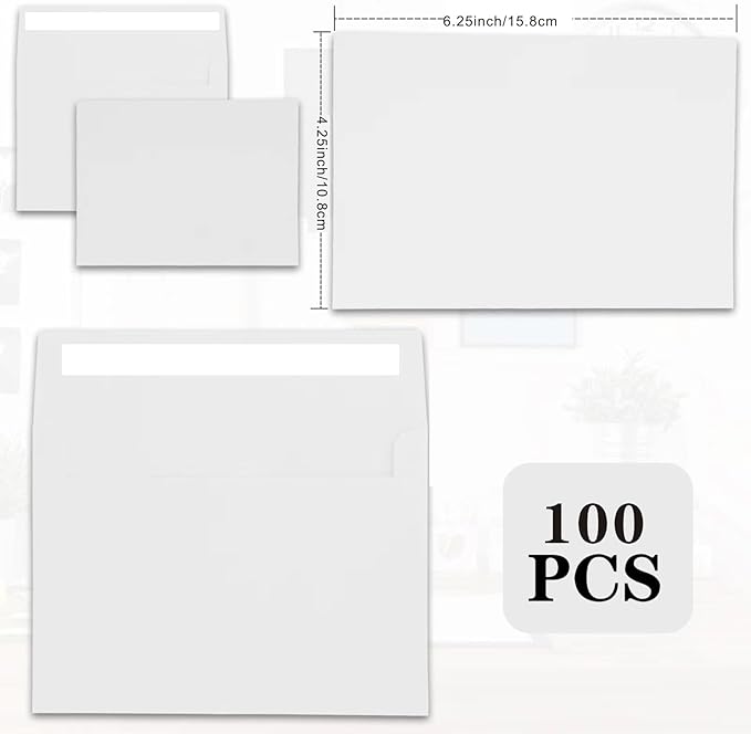 100Packs A4 White Envelopes 4x 6 Inch Card Envelopes,Self Seal for Weddings, Greeting Cards，Mailing， Invitations, Photos, Postcards
