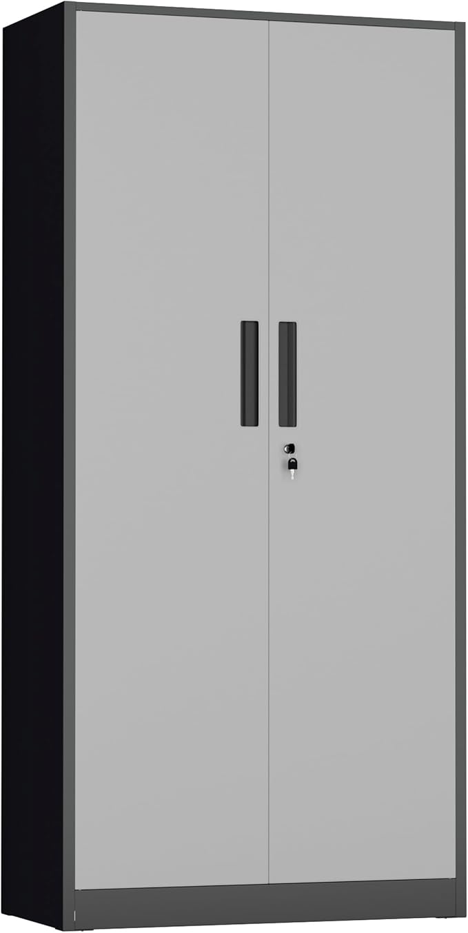 Metal Storage Cabinet with Lock, 71" H with 2 Doors and 4 Adjustable Shelves, Locking Garage Cabinet for Home Office, Kitchen, Bathroom, 16" D x 32" W x 72" H (Black Grey)