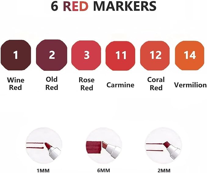 Arhomet 6 Colors Red Rose Flower Colors Alcohol Markers Set, Dual Tips Art Markers Drawing Sketched Double Tipped for Adults Beginner Artists (Red)