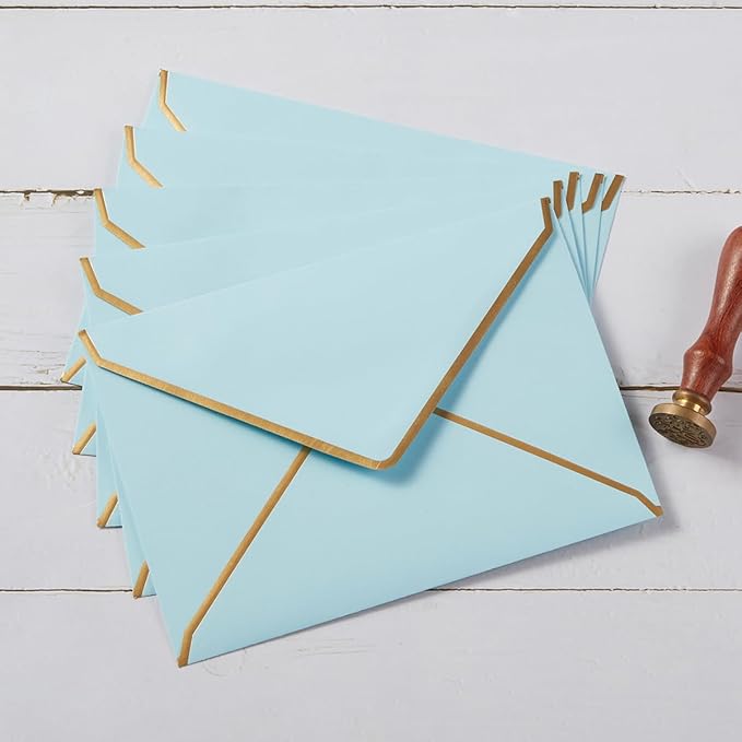 100 Pack A7 Envelopes 5 x 7 Card Envelopes V Flap with Gold Border for Office, Wedding Gift Cards, Invitations, Graduation, Baby Shower, Parties (Light Blue, 5.32 x 7.28 Inches)