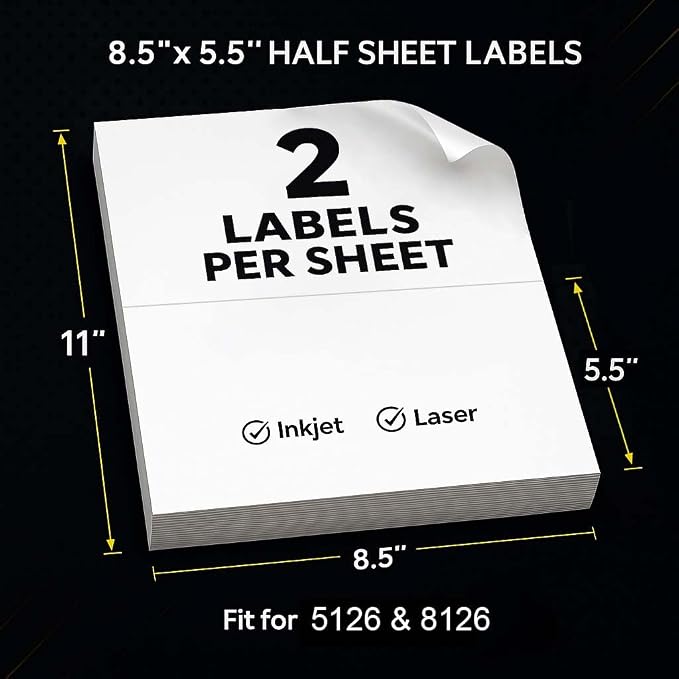 100 Sheets 8.5" x 5.5" Half-Sheet Shipping Labels for Packages | 200 Pcs Printable White Matte Address Mailing Labels for Laser/Inkjet Printer (2 Labels per Sheet)