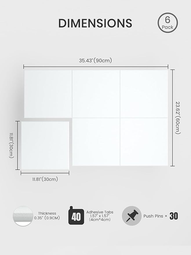 Bumusty Large Cork Board 36" x 24" Alternative - 6 Pack Felt Wall Tiles with 40 Safe Removable Adhesive Tabs, 30 Pushpins, Cork Boards for Walls Pin Board Bulletin Board Office Decor (Cold White)