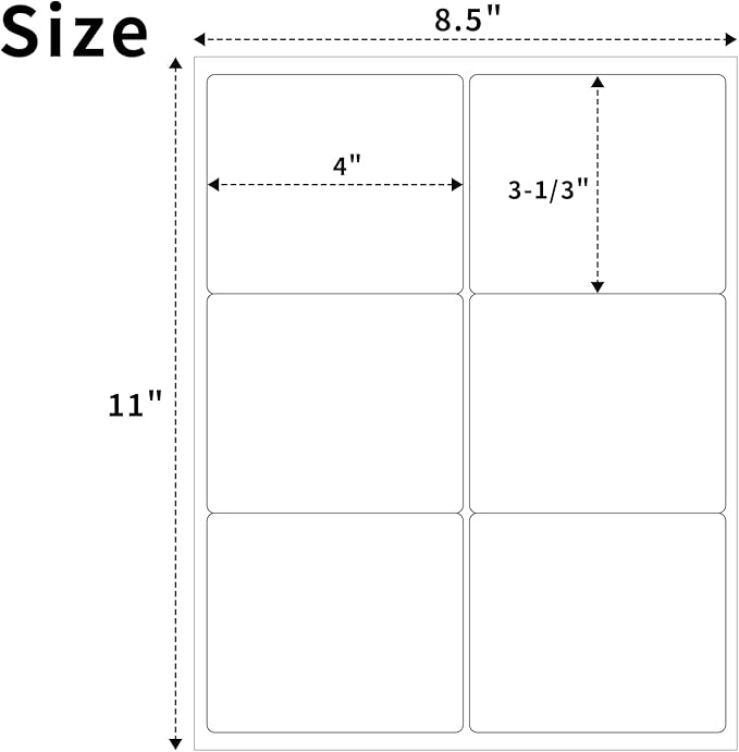 3⅓" x 4" Printable Mailing Labels for Laser & Inkjet Printers, 6 Up Permanent Adhesive Label Blank, 100 Sheets 600 Labels Shipping Address Labels, FBA Box Labels