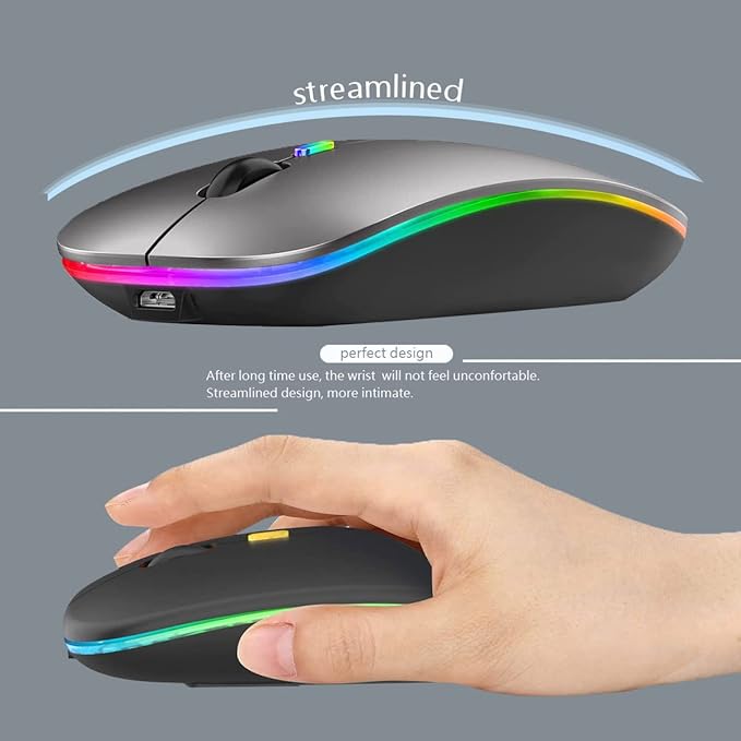 Wireless Bluetooth Mouse Rechargeable Laptop Mice with LED Lights Silent Slim Use(BT5.2 and 2.4G Portable USB) Dual Mode Computer Mouse for Laptop/iPad/Tablet/Apple/Computer/Mac (Grey)