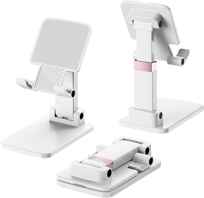 Phone Stand for Desk, Cell Phone Holder Adjustable Office Cellphone Stand for Desk Adjustable Tablet Stands Compact Design for iPhone iPad Android Devices Under 12", White,2Pack
