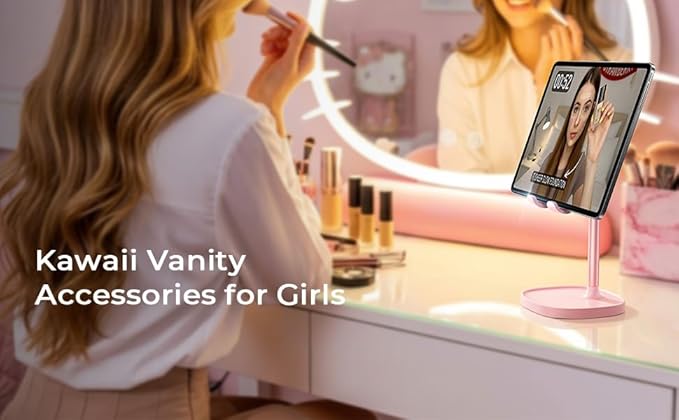 LISEN Pink Gifts Home Girls Room Decor for Desk Accessories, Cute Desk Pink Phone Stand Office Vanity Accessories for Girls Moms Bathroom Essentials Decor for iPhone Kindle Stand 4-10 inch Tablet