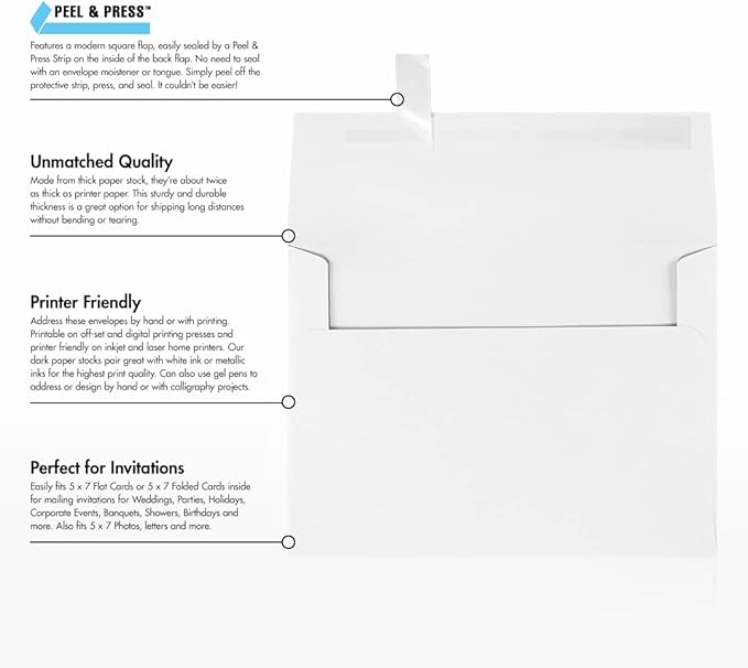 LUXPaper A7 Invitation Envelopes | Peel & Press | 5 1/4" x 7 1/4" | Bright White | 80lb. Text | 1,000 Qty