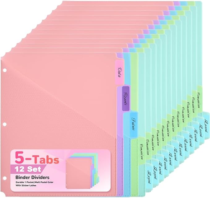 SUIN 5-Tab Binder Dividers with Pockets - Heavy Duty Plastic Dividers for 3 Ring Binder, Letter Size Poly Page Separators with Tabs & Label Stickers, Diamond Texture, 5 Pastel Colors, 12-Pack