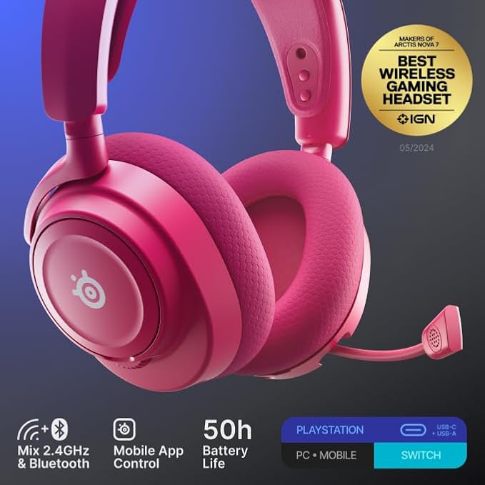 SteelSeries Arctis Nova 7P Wireless Gen 2 Gaming Headset - Real-Time App Control, 50+ HR Play, Neodymium Magnetic Drivers, Mix 2.4GHz/Bluetooth, PS5, PS4, PC, Switch 1/2, Mobile - Magenta