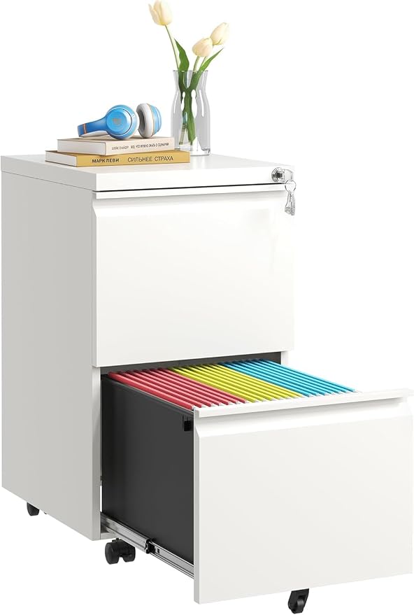 Guizeeopo 2 Drawer Locking File Cabinet, Fully Assembled Heavy-Duty Metal Filing Cabinets for Home Office, Quiet Slides, Anti-Tipping Wheels, Fits A4/Letter/Legal, Matte White
