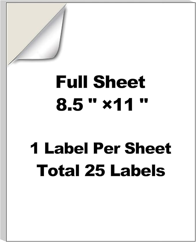 25 Full Sheet Labels 8.5 x 11 Inch Adhesive Paper for Laser Inkjet Printers Self Adhesive Printable White Sticker Sheets for Shipping Address Packaging & Crafts