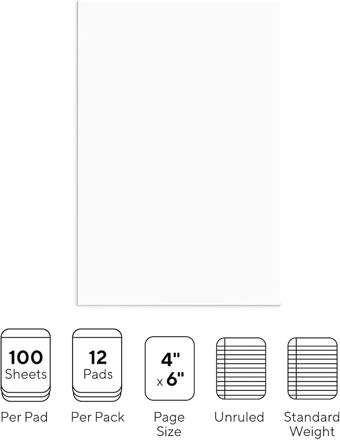 STAPLES Notepads, 4” x 6”, Unruled, White, 100 Sheets/Pad, 12‑Pack