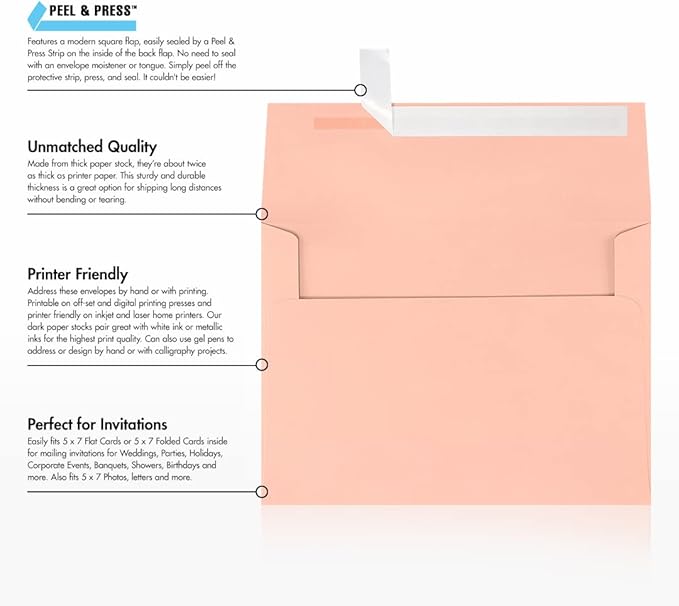 LUXPaper A7 Invitation Envelopes | Peel & Press | 5 1/4" x 7 1/4" | Blush Pink | 80lb. Text | 50 Qty
