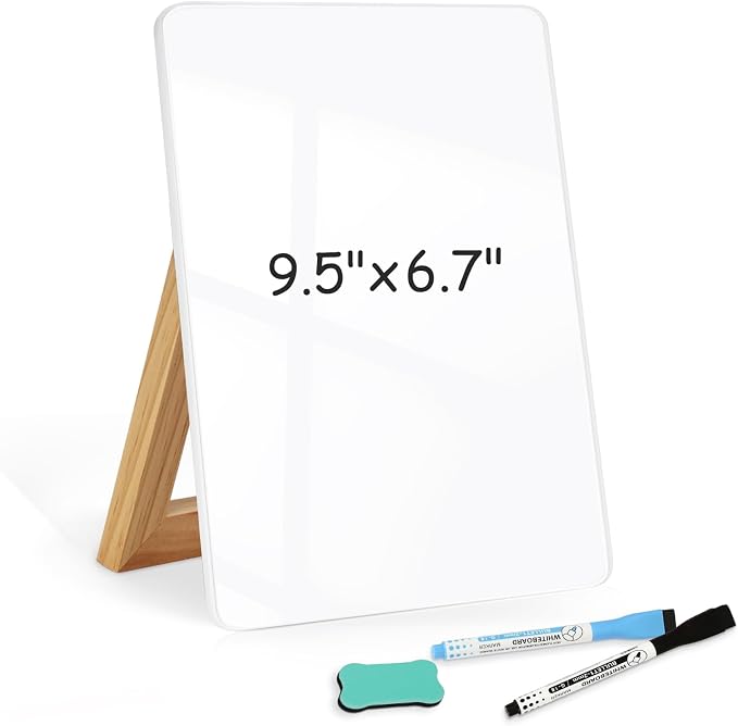 Desktop Glass Whiteboard, 9.5"x 6.7" Desk Dry Erase Board with Wood Stand | Reversible Wooden Stand, Small Dry Erase Board, Portable Whiteboard for Desk, Reusable Desk Notepad for Home, Office