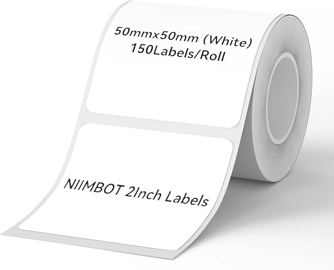 NIIMBOT Labels for B1/B21/B31 Label Maker, 50 x 50 mm (1.97'' x 1.97'') 150 Tapes/Roll, Thermal Label Tape, Waterproof, Oil-Proof for Home Office Small Business Labeling Tape Replacement(White)
