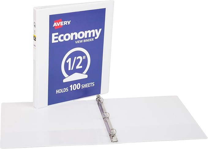 Avery Standard View 3 Ring Binder, 0.5" Round Rings, 100-Sheet Capacity, 0.7 Inch Wide Spine, 1 White Binder, Ideal for Lightweight Organization and Occasional Referencing (05706)