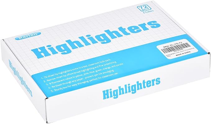 Rarlan Highlighters, Chisel Tip, Assorted Fluorescent, 72 Count Bulk Pack | Highlighters Assorted Colors for Classroom & Office, Study Essentials, Ideal for Back to School and Teacher Supplies