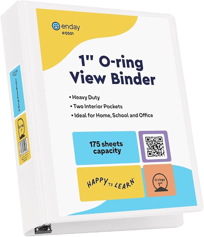 Enday 1 Inch Binder, White 3 Ring Binder 1 Inch, Heavy Duty Three Ring Binder, 175 Sheets Capacity - One Inch Binder for Home School and Office