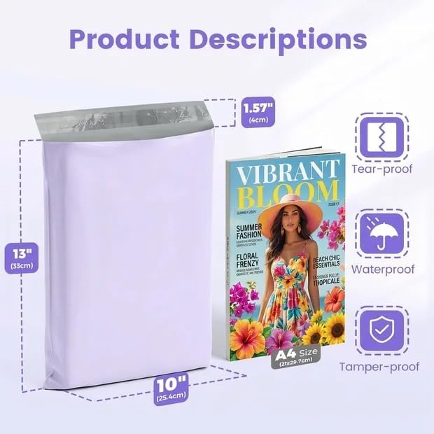 Metronic Poly Mailers 10x13 50 Pack, Small Durable Self Seal Shipping Bags | Waterproof Weather-resistant Tear-resistant Mailing Envelopes, Packaging Bags for Clothing, Small Business, Lilac Purple.