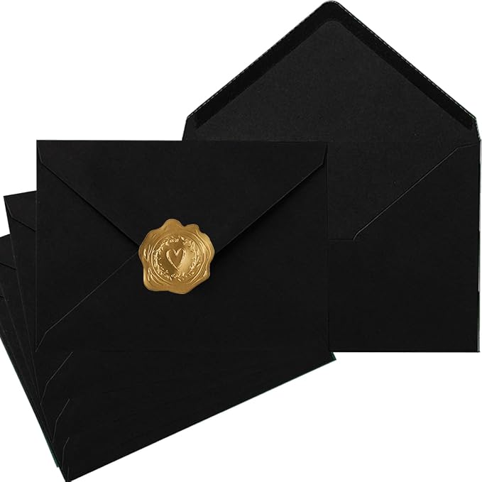 Toperd 50 Pack A6 Envelopes with Stickers Black, 6 1/2 x 4 3/4 Inches | 4x6 Envelopes For 4 x 6 Greeting Cards, Birthday Party, Photos, Baby Shower and Wedding Invitations