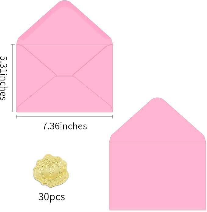 A7 Envelopes 30 Pack Pink 5x7 V Flap Thick Invitation Envelopes | 150gsm,for 5x7 photos,cards,wedding,birthday,graduation,party,announcements,baby shower,holiday mails,with Stickers