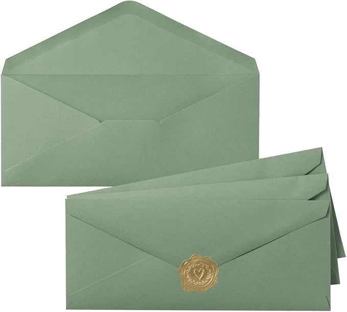 50 Pack Sage Green #10 Business Envelopes with Stickers, 4.13 x 9.49 Inches | Standard Envelopes V Flap, For Office, Business Letter, Letter Mailing