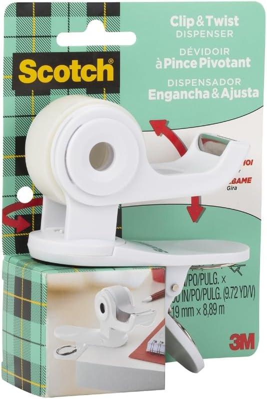 Scotch Desktop Tape Dispenser, White, Great for Gift Wrapping, 1 Dispenser (C19-CLIP-W-CCW)