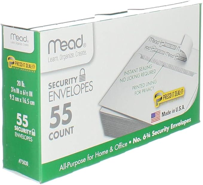 Mead Press-It Seal-It #6 3/4 Security Envelopes, 55 Count (75030)