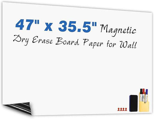 Magnetic White Board Sticker 47"x35.5" Magnetic Dry Erase White Board Paper for Wall Whiteboard Sticker for Teacher Supplies Removable Peel and Stick Whiteboard Contact Paper