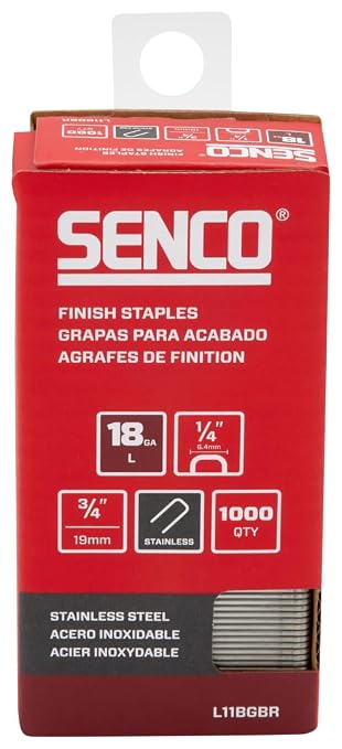 SENCO Collated Medium Wire Staples, Stainless Steel, 18GA(L11BGBR) 1,000 bx | 1/4" Crown x 3/4" Stainless Steel Finish Staples; trim/cabinetry/furniture/paneling/finish work