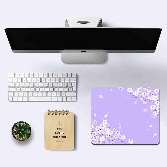 Cute Purple Mouse Pad, Floral Flowers Mouse Pad, Sakura Cherry Blossom Mousepad, Japanese Aesthetic Desk Decor, Anti Slip Rubber Base Mice pad for Computer Office Girl, 9.5 x 7.9 Inch